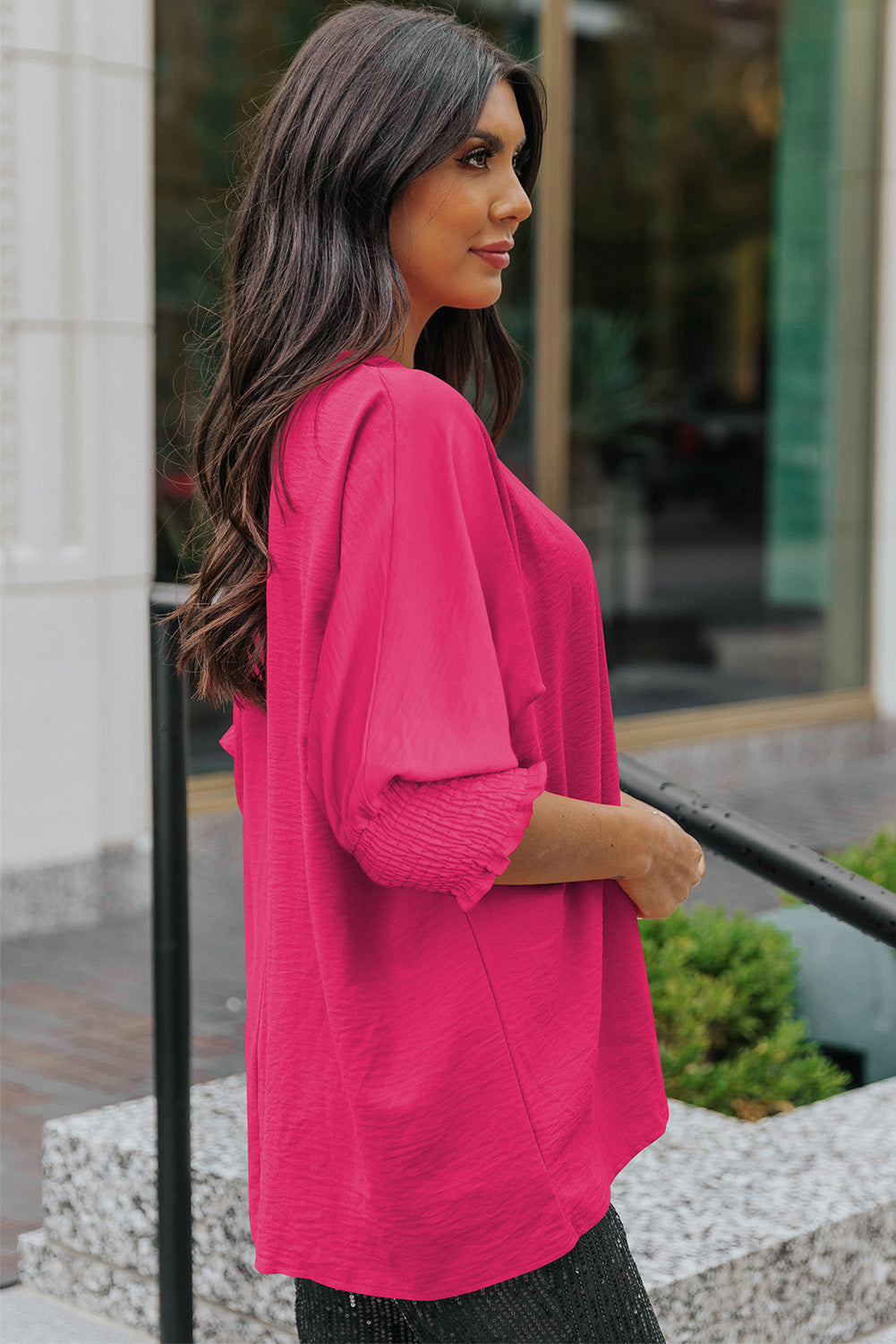 Rosy Solid Casual Smocked Cuffs Dolman Top