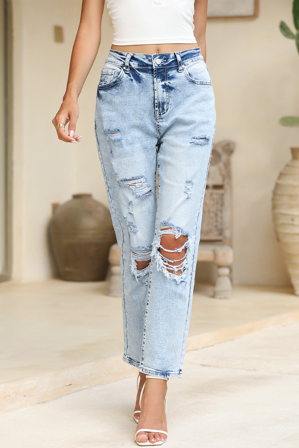 Sky Blue Light Wash Frayed Slim Fit High Waist Jeans