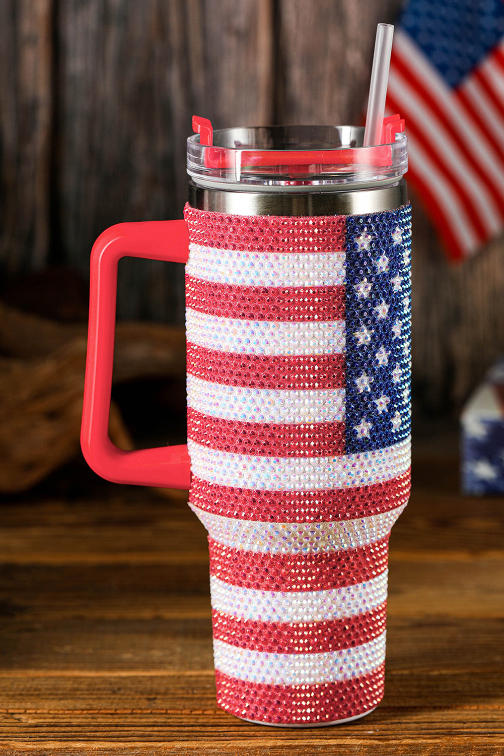 Red Rhinestone American Flag Print Handle 40oz Thermos Tumbler