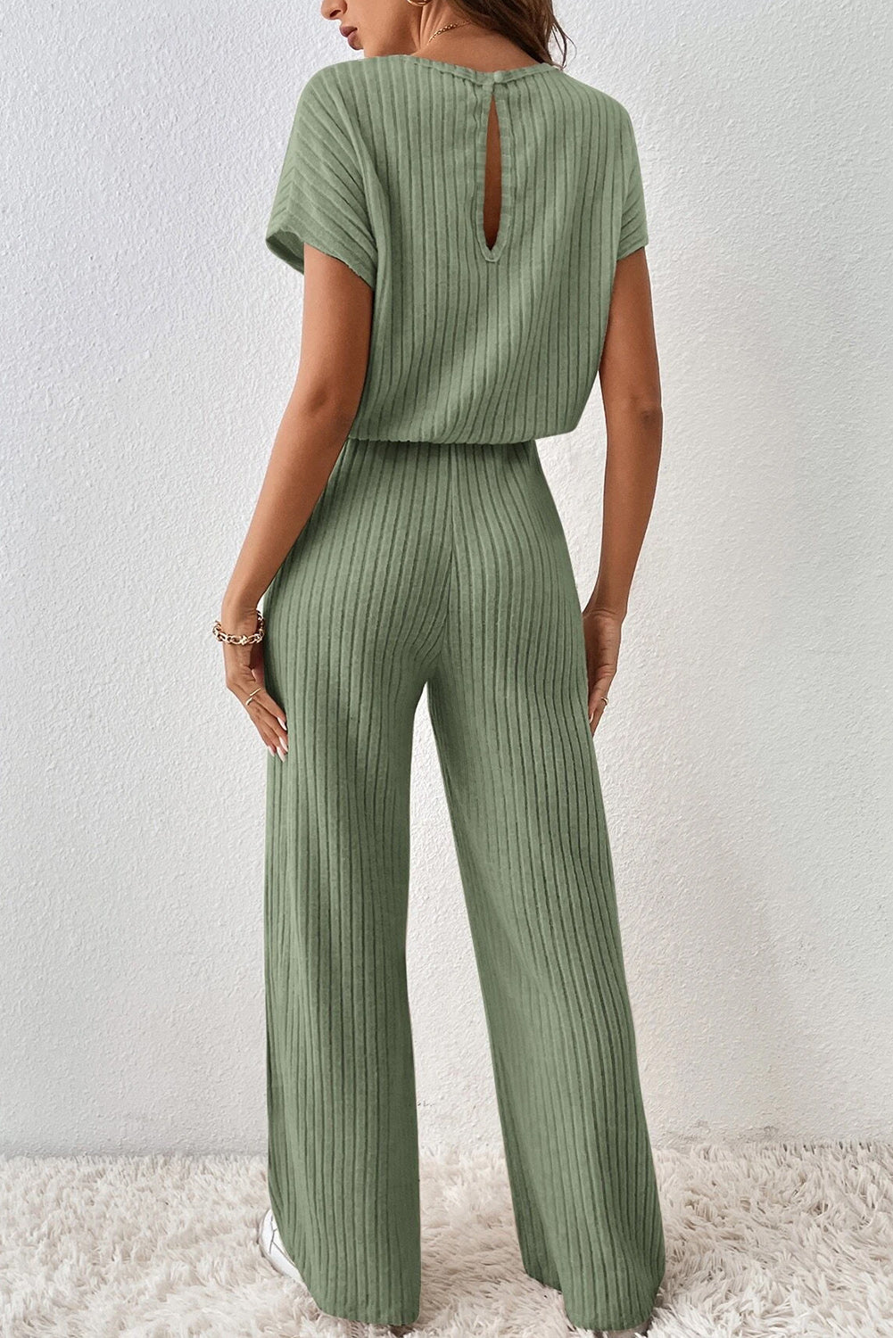 Rose Red Solid Color Ribbed Short Sleeve Wide Leg Jumpsuit