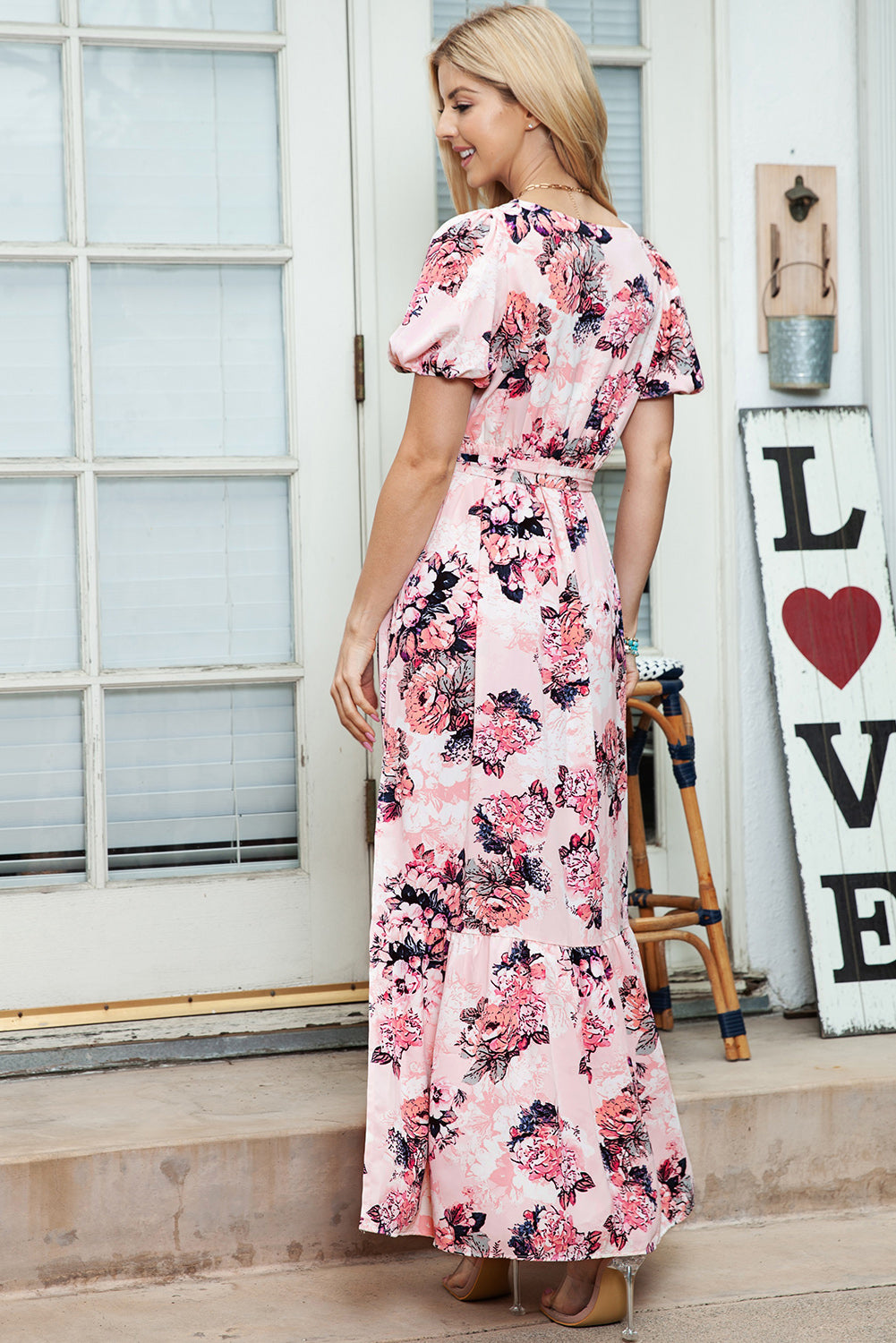 Wholesale Pink Floral Print Wrap V Neck Belted Side Slit Puff Sleeve Dress