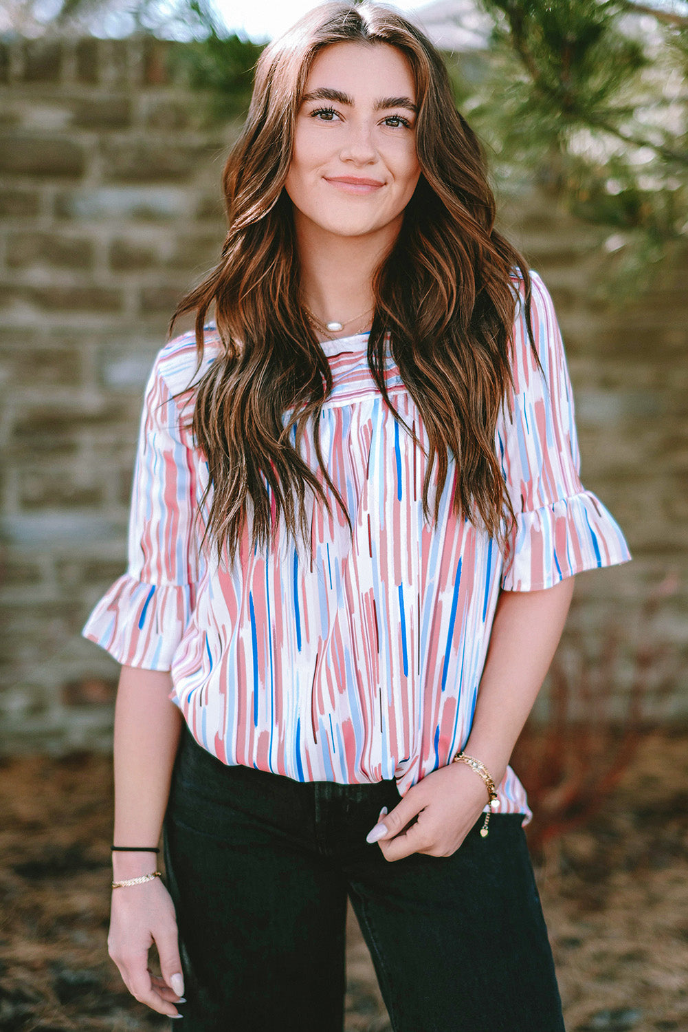 White Abstract Print Ruffle Half Sleeve Blouse