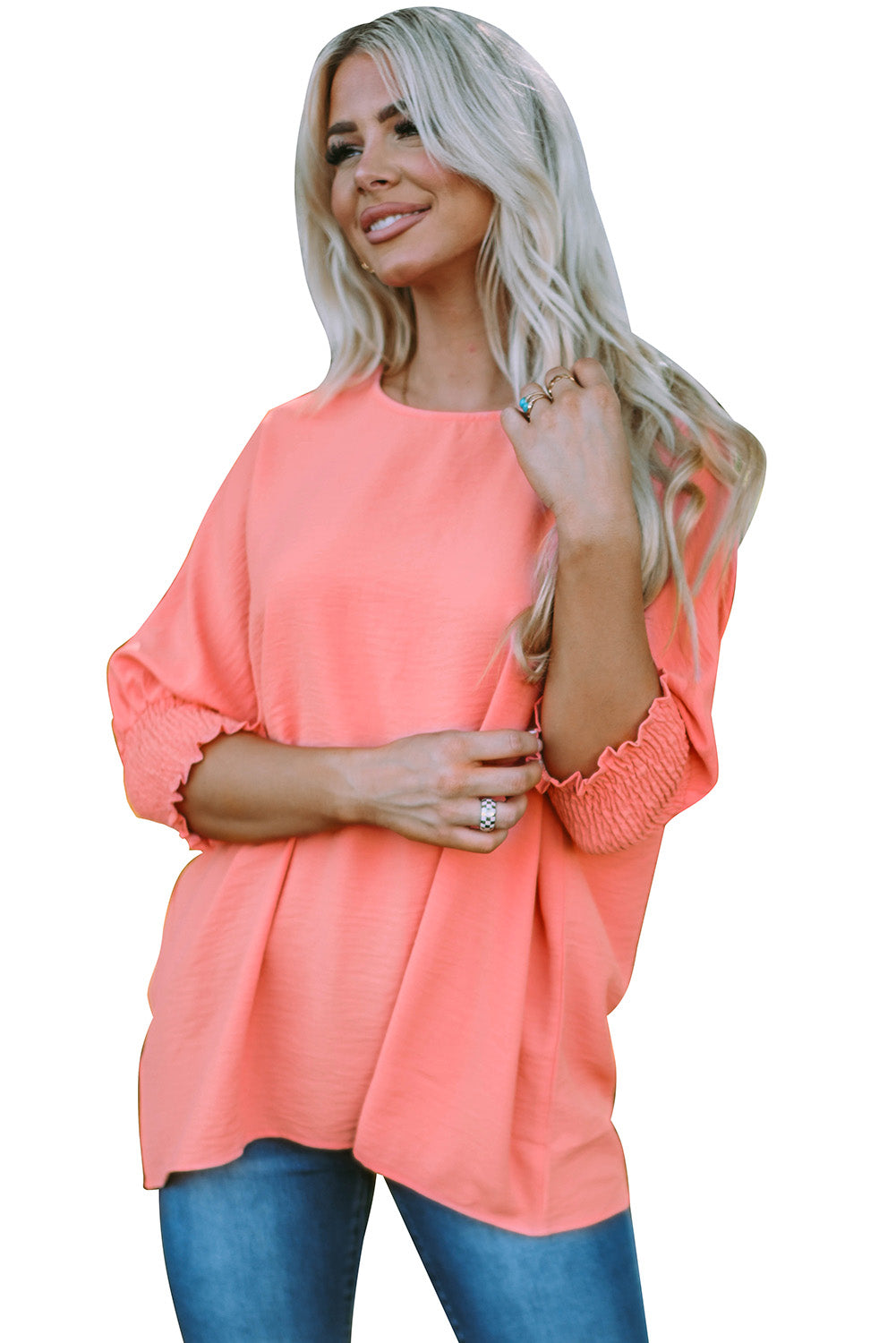 Rosy Solid Casual Smocked Cuffs Dolman Top