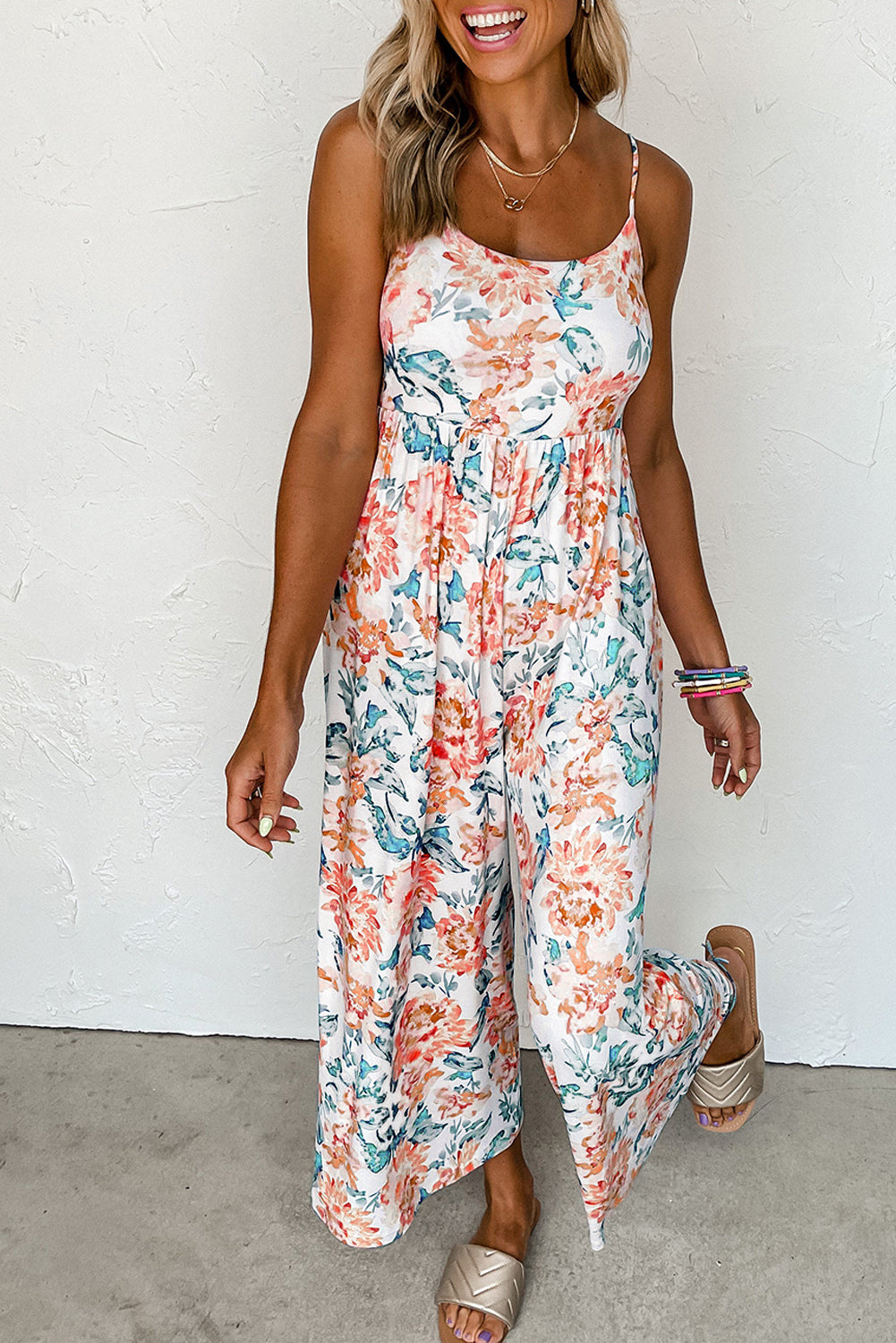 White Floral Spaghetti Straps Wide Leg Jumpsuit