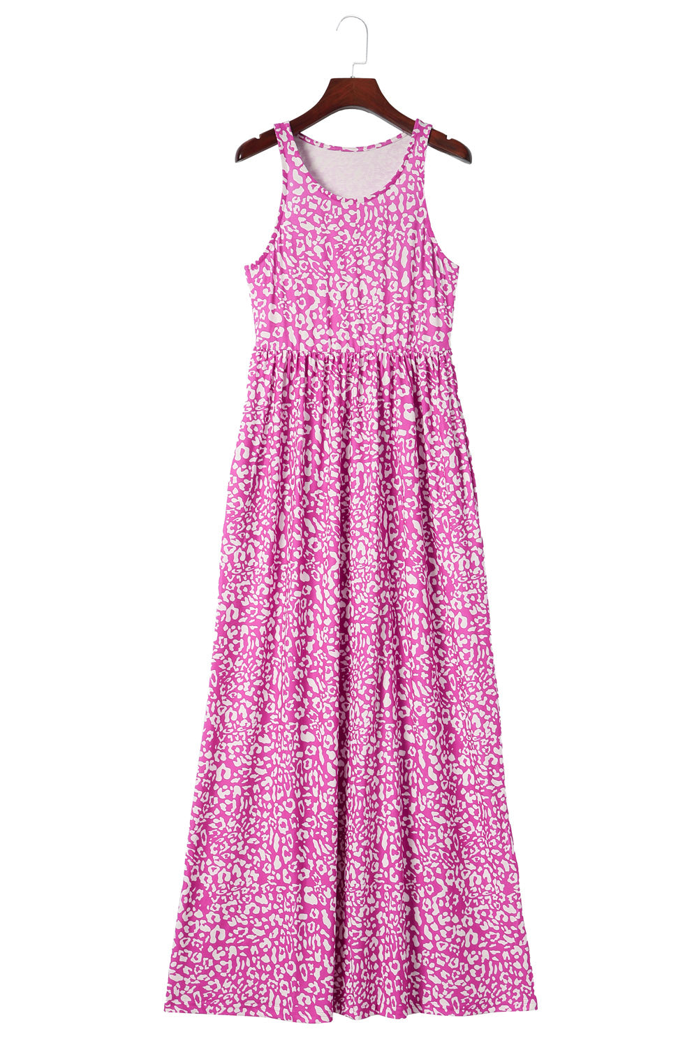 Pink Sleeveless Floor Length Leopard Print Dress with Pockets