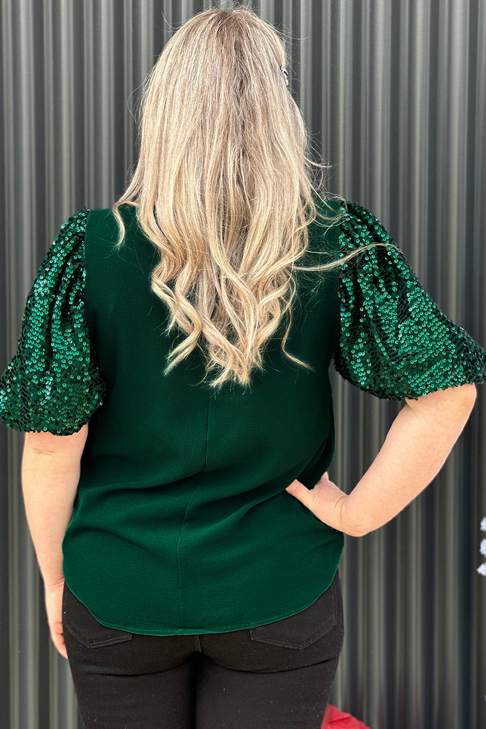 Blackish Green Plus Size Sequin Short Puff Sleeve Top