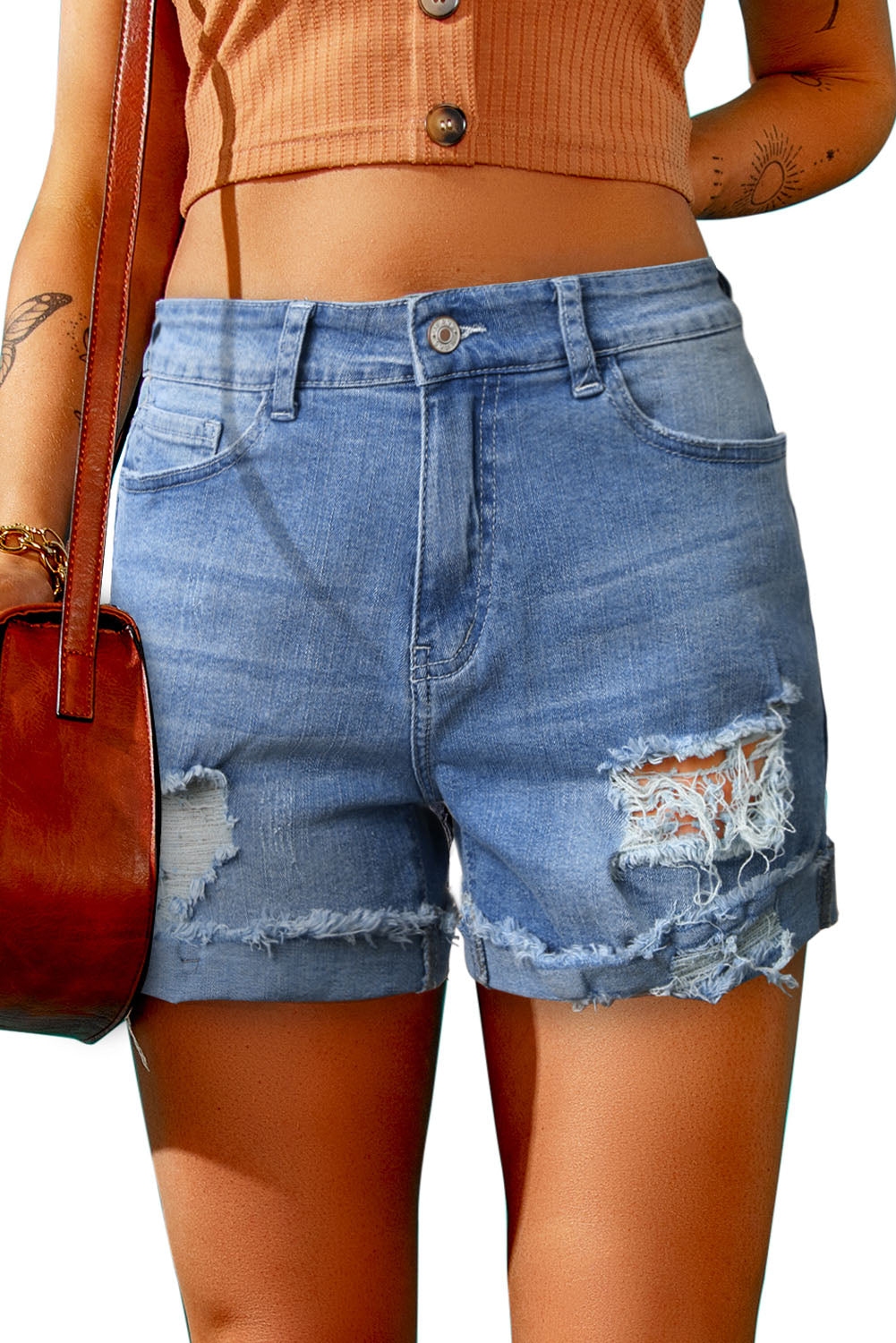 Dark Blue Casual Ripped Rolled Hem Denim Shorts