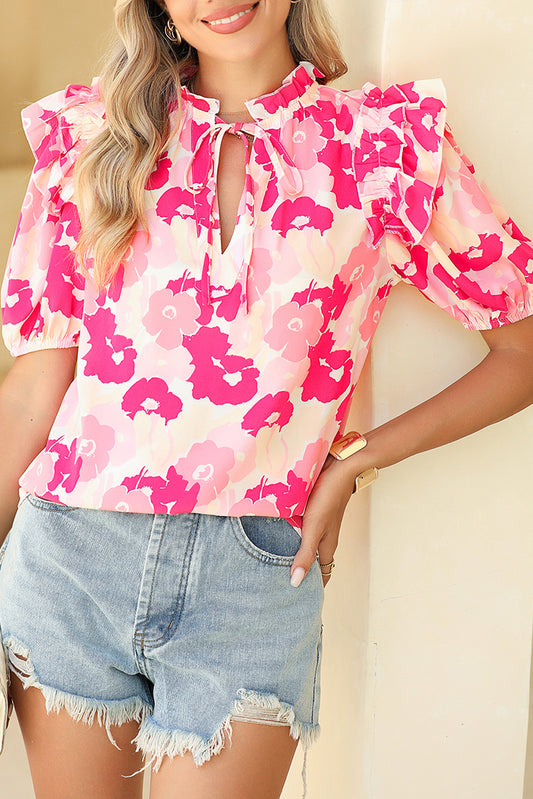 Pink Split Neck Ruffled Puff Sleeves Floral Top