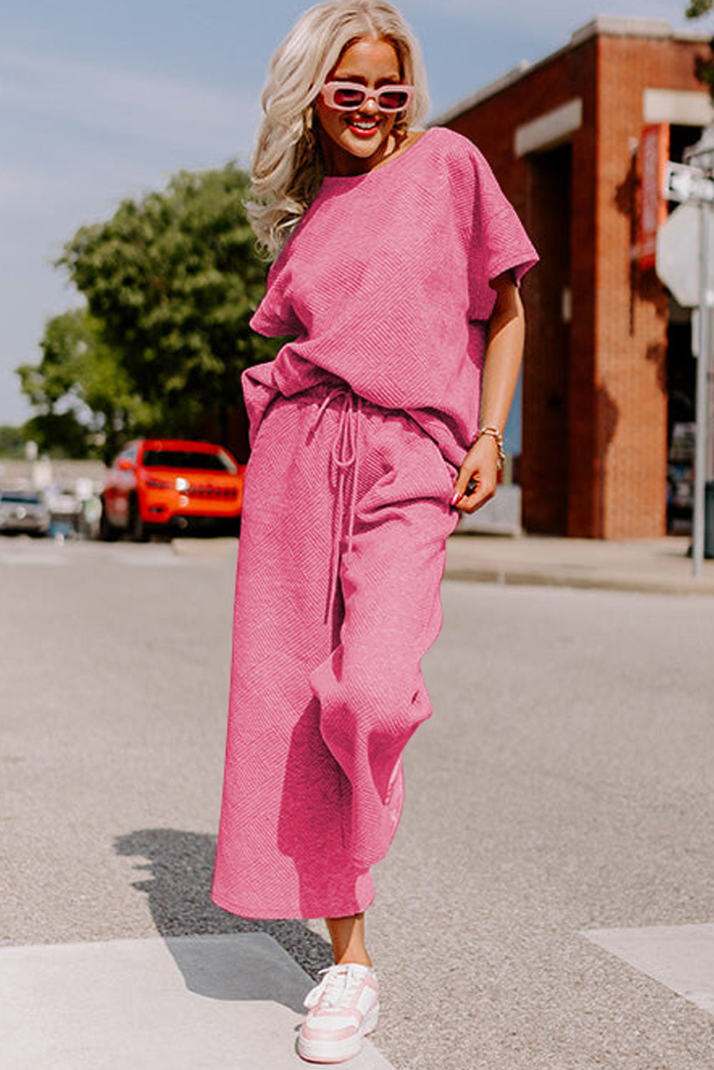 Strawberry Pink Textured Loose Fit T Shirt & Drawstring Pants Set