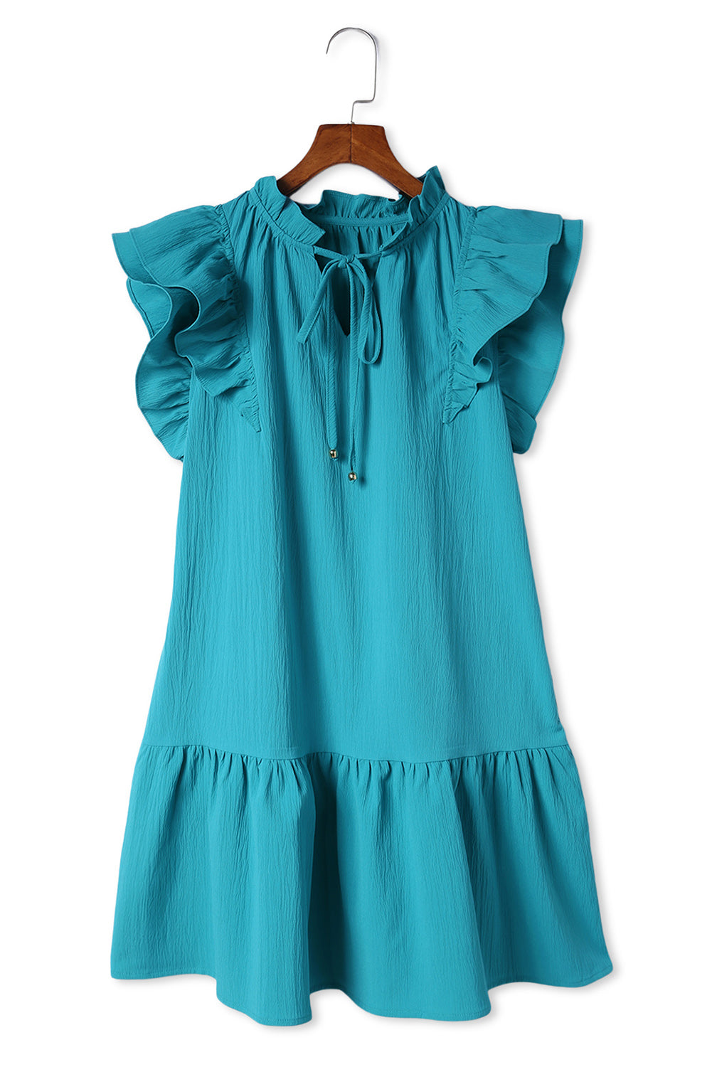 Green Tiered Ruffled Drawstring V Neck Short Dress With Pockets