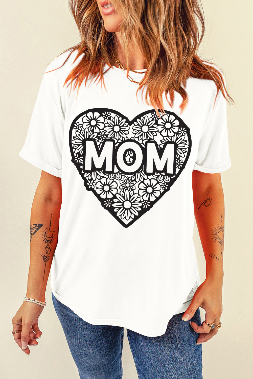 White MOM Flower Heart Shaped Graphic Crewneck T Shirt