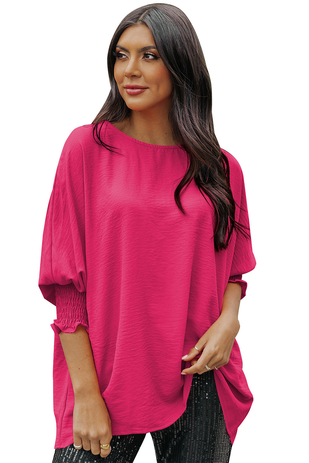 Rosy Solid Casual Smocked Cuffs Dolman Top