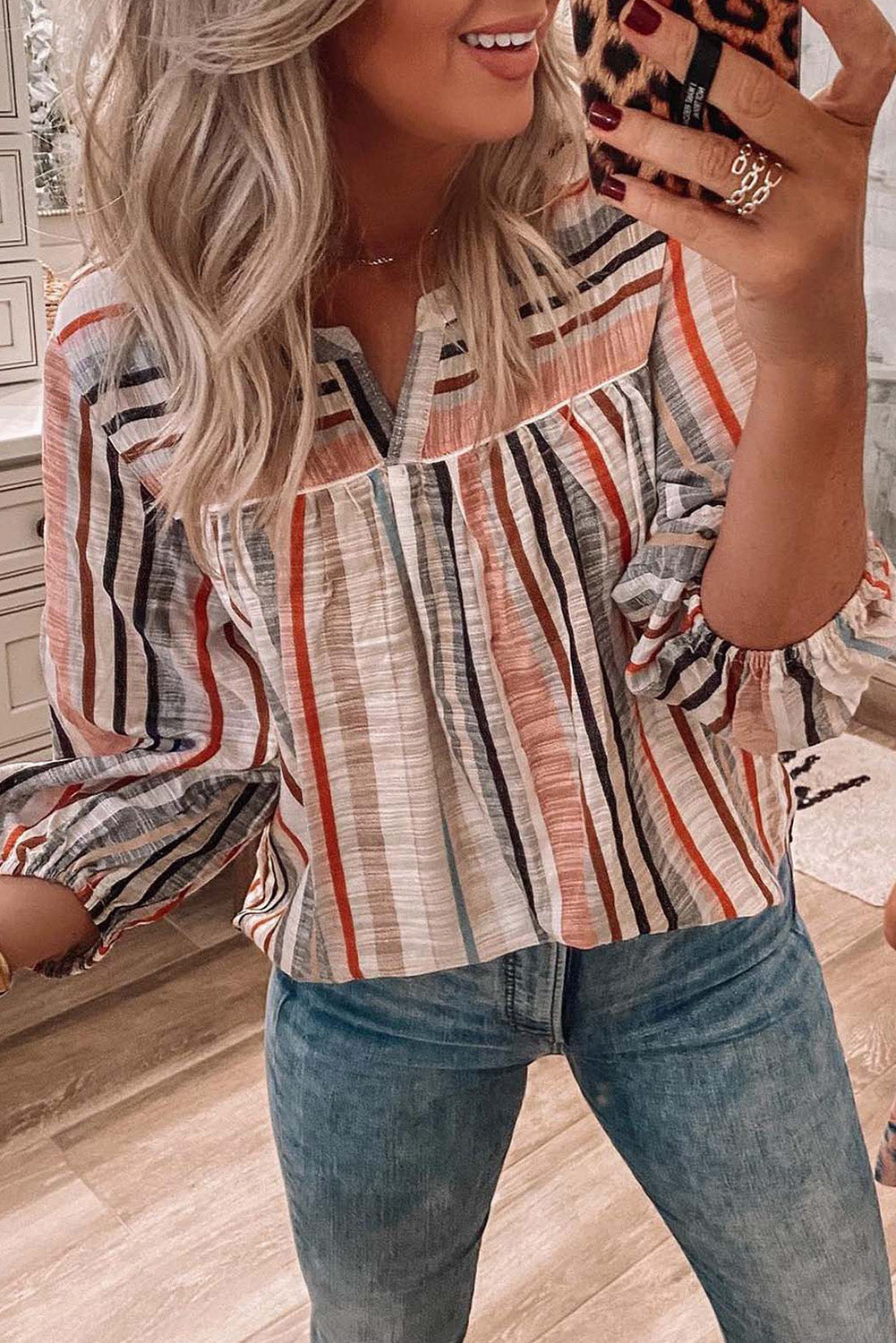 Multicolor Striped V Neck 3/4 Sleeve Blouse