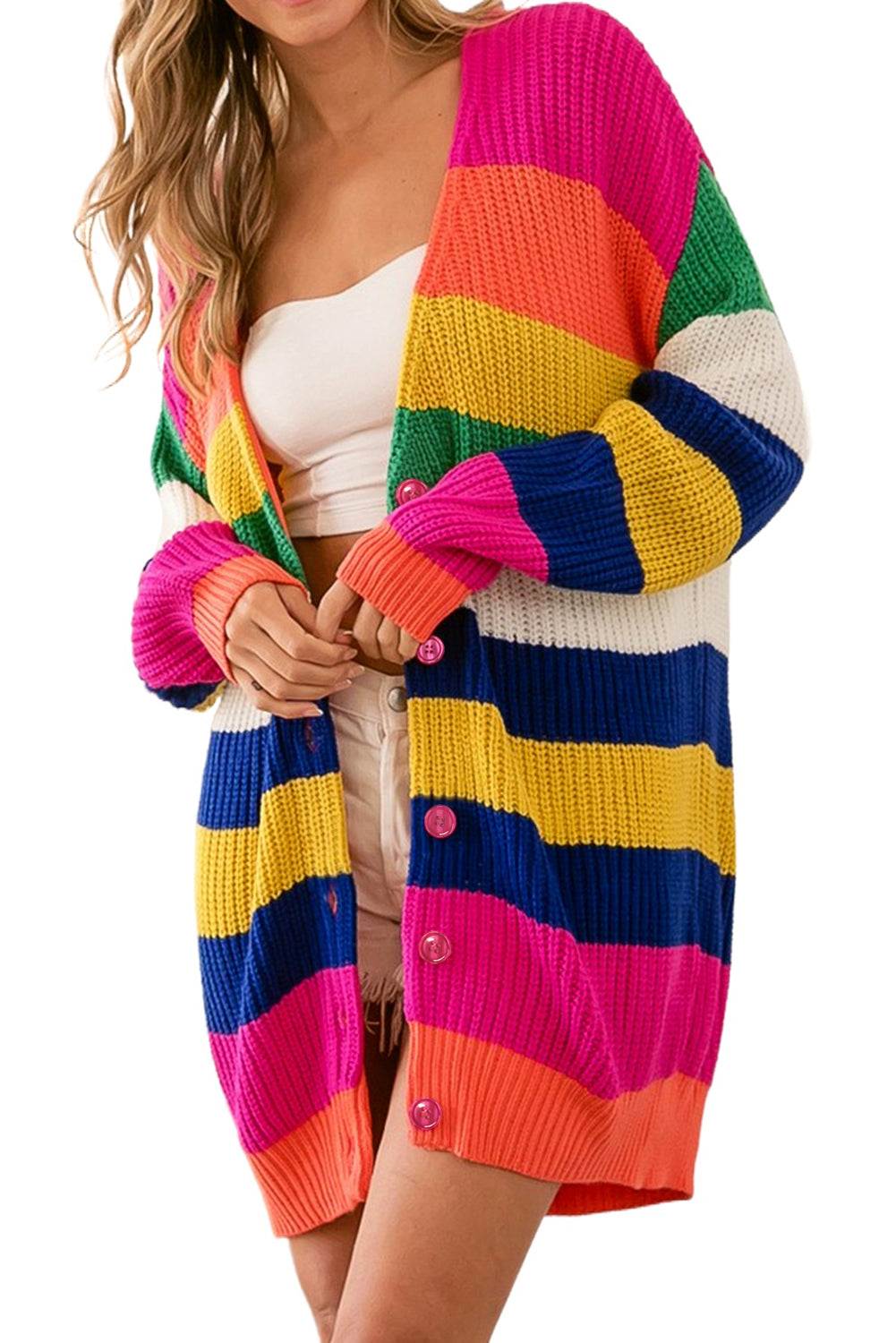 Multicolor Striped Print Button Front Knitted Long Cardigan