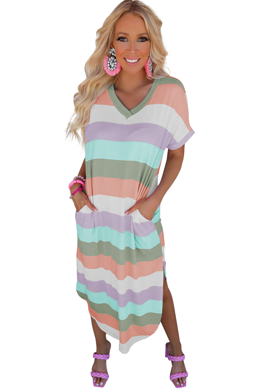 Multicolor Striped Side Split Pockets V Neck Maxi Shirt Dress