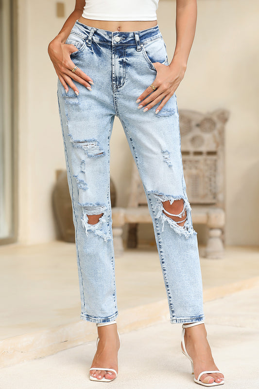 Sky Blue Light Wash Frayed Slim Fit High Waist Jeans