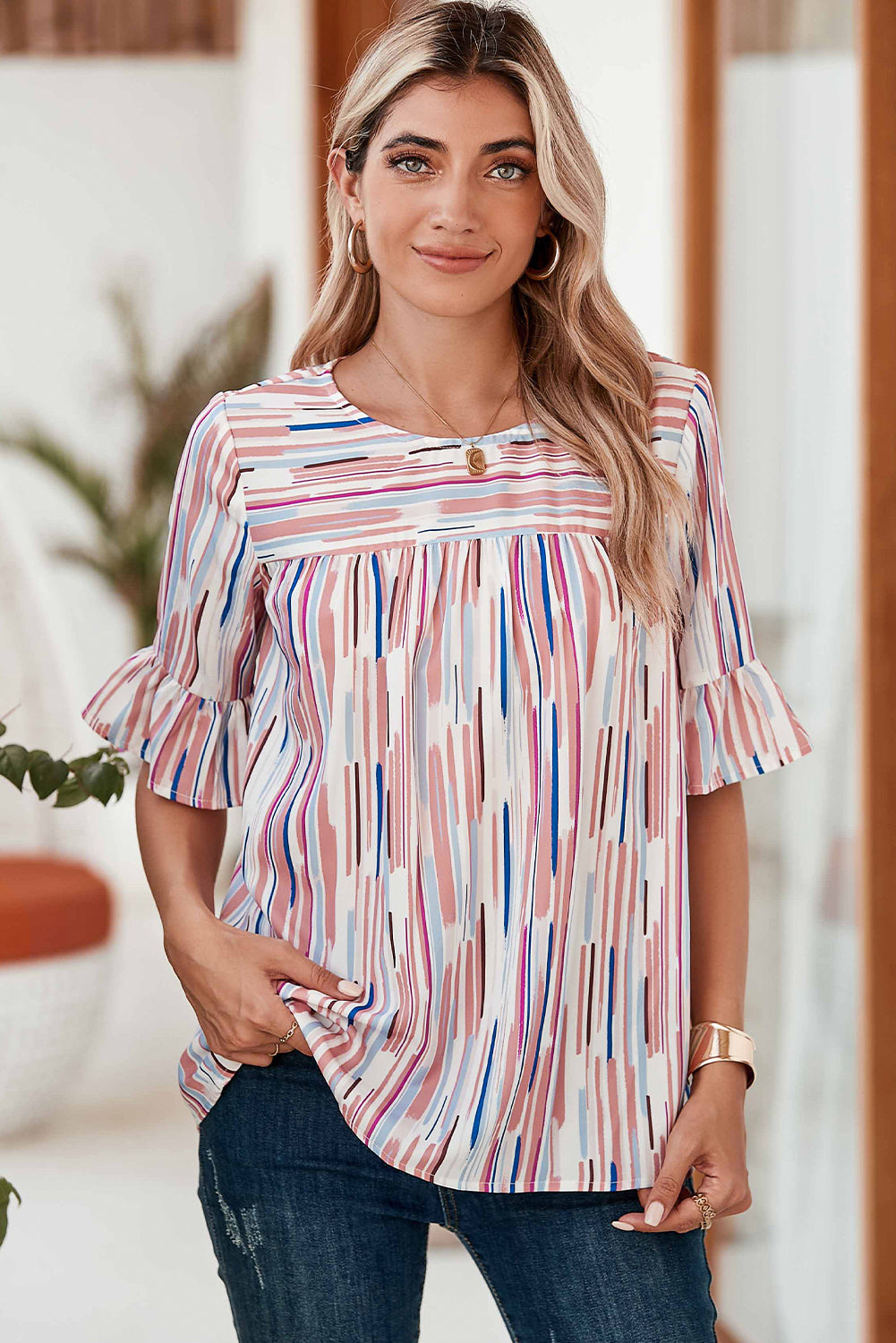 White Abstract Print Ruffle Half Sleeve Blouse