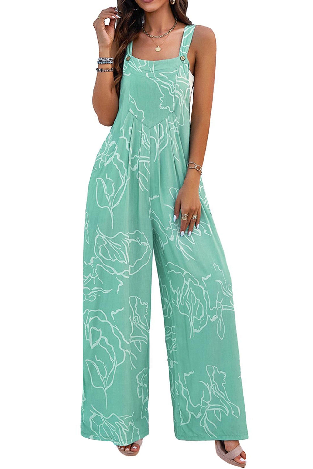 Moonlight Jade Abstract Print Wide Leg Bib Overall