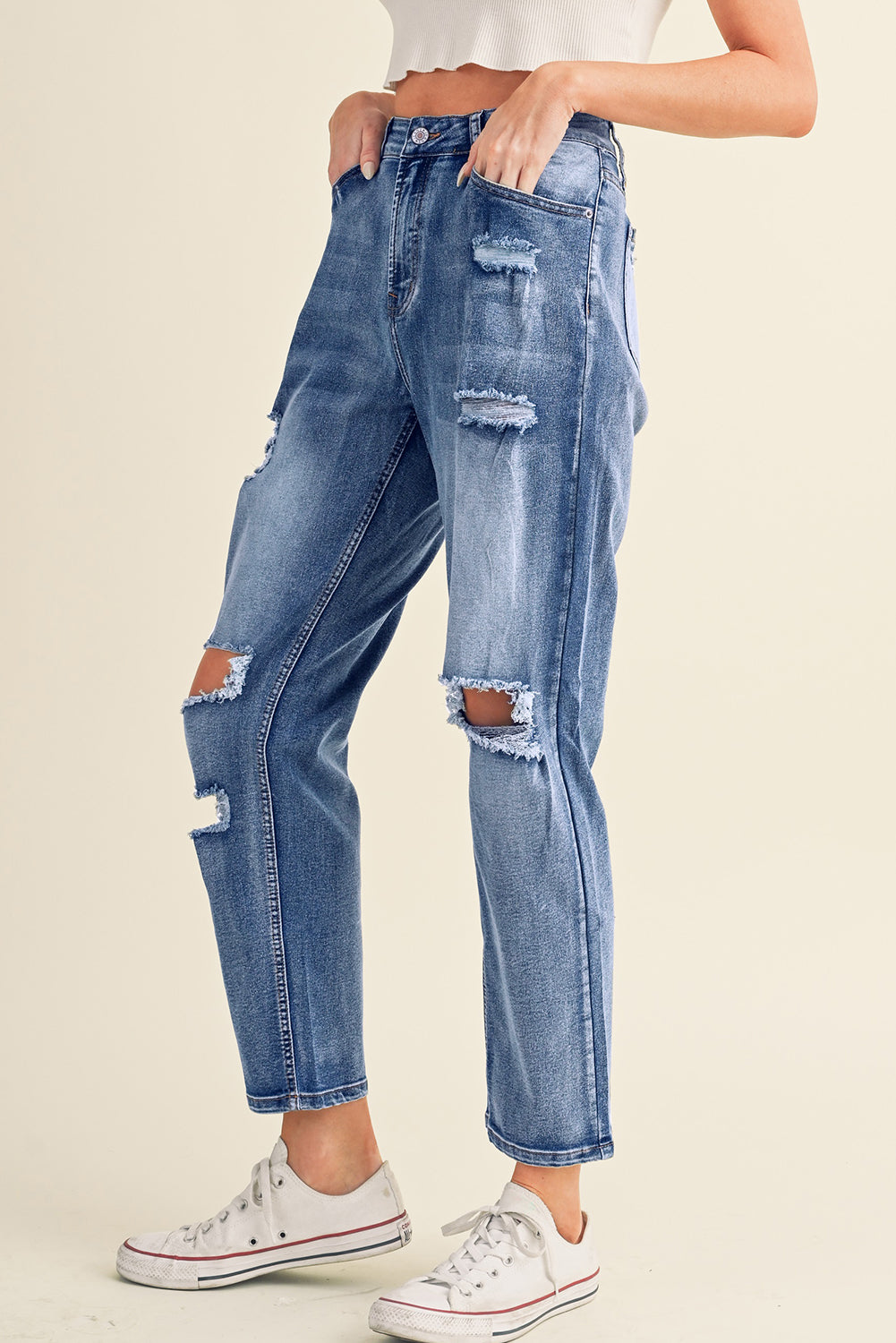 Sky Blue Open Knee Cutout Straight Leg Jeans