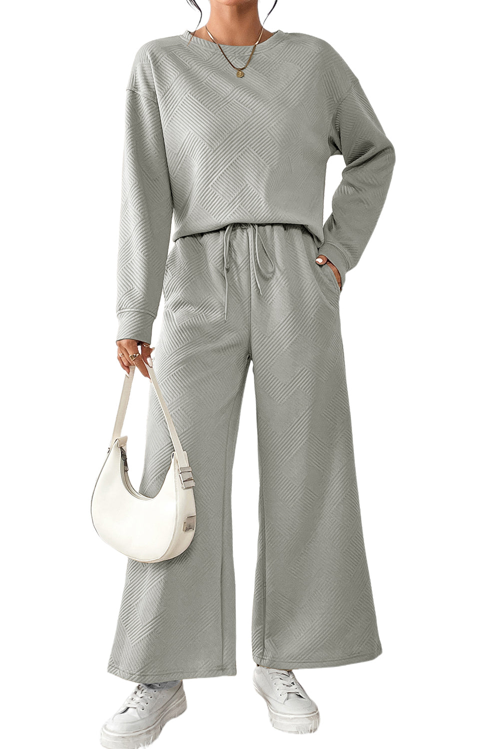 Beige Textured Loose Slouchy Long Sleeve Top and Pants Set