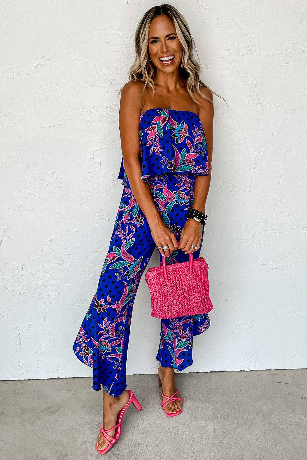 Blue Boho Tropical Print Ruffle Overlay Strapless Flared Jumpsuit