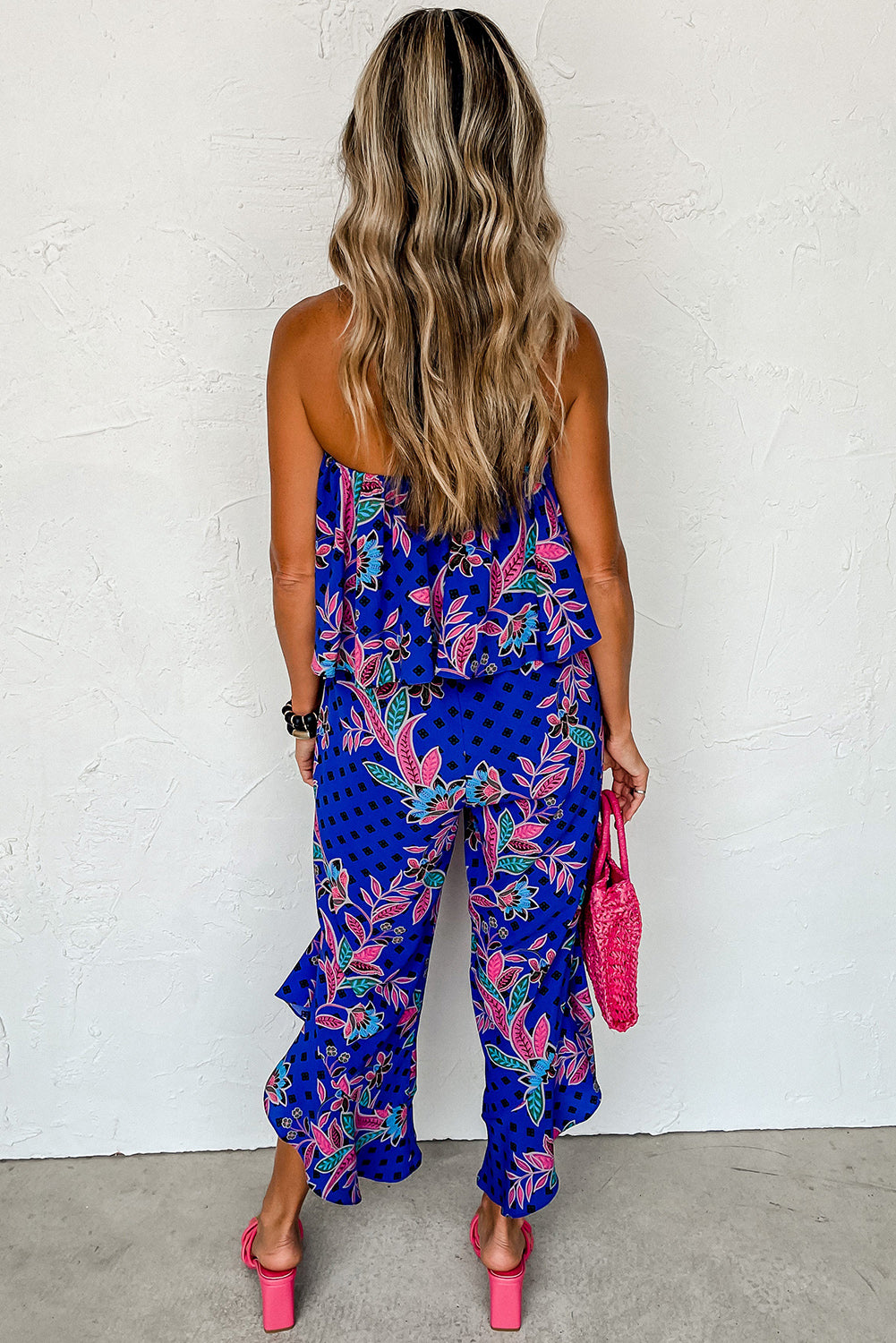 Blue Boho Tropical Print Ruffle Overlay Strapless Flared Jumpsuit