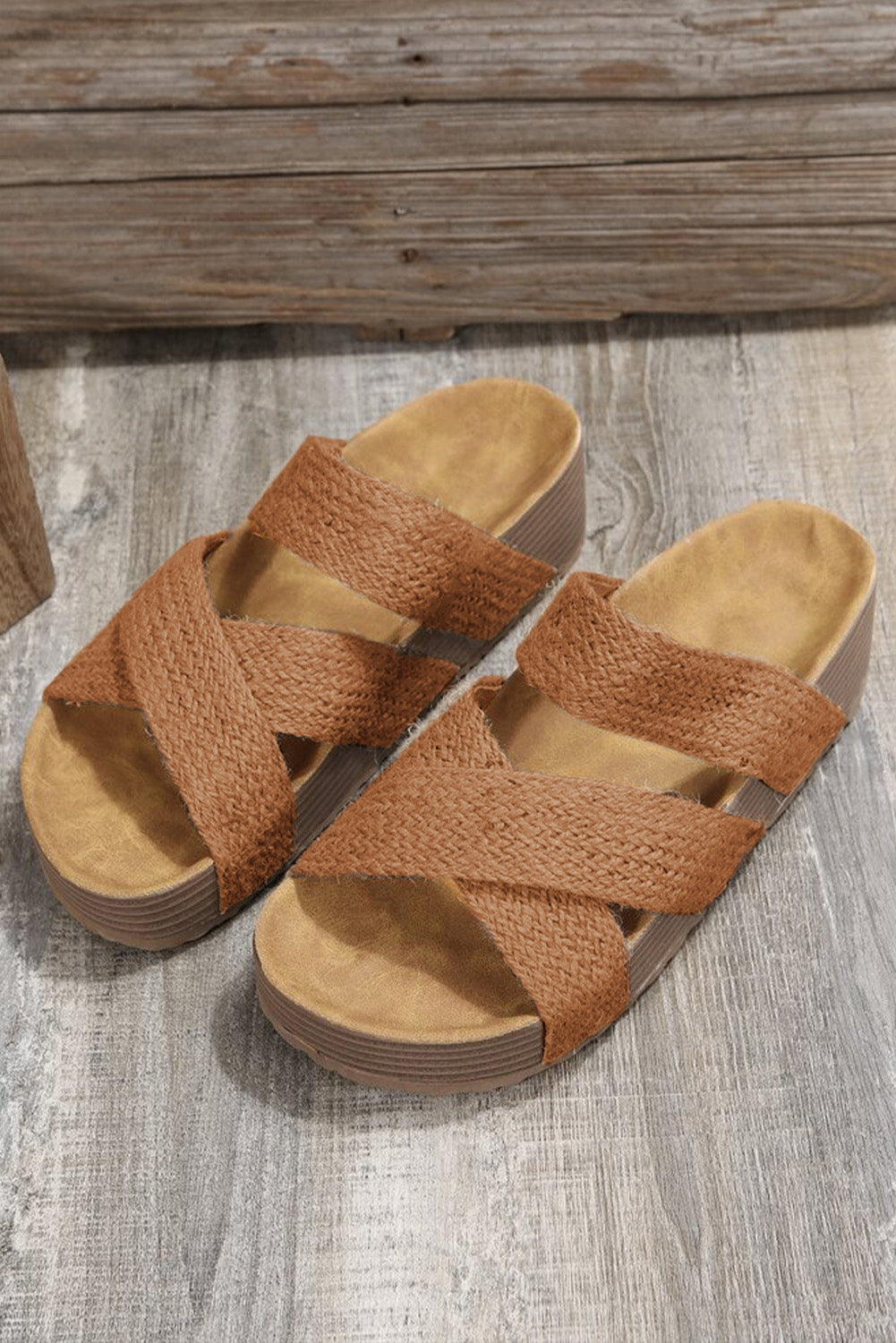 Brown Woven Criss Cross Strap Platform Slip On Sandals