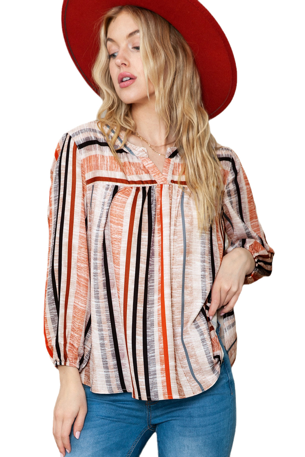 Multicolor Striped V Neck 3/4 Sleeve Blouse