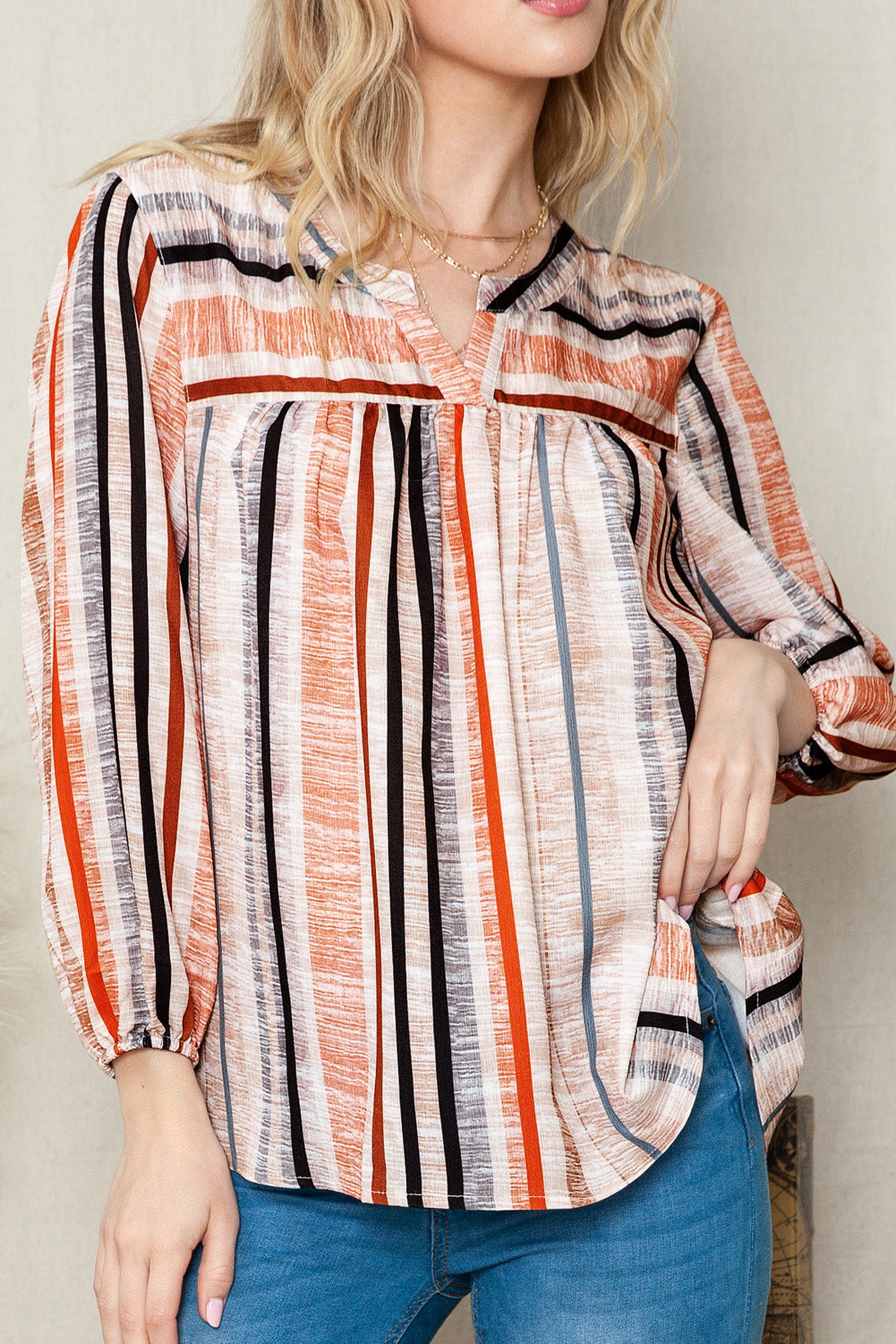 Multicolor Striped V Neck 3/4 Sleeve Blouse