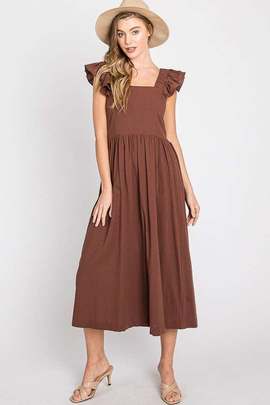 LINEN RUFFLE MID DRESS