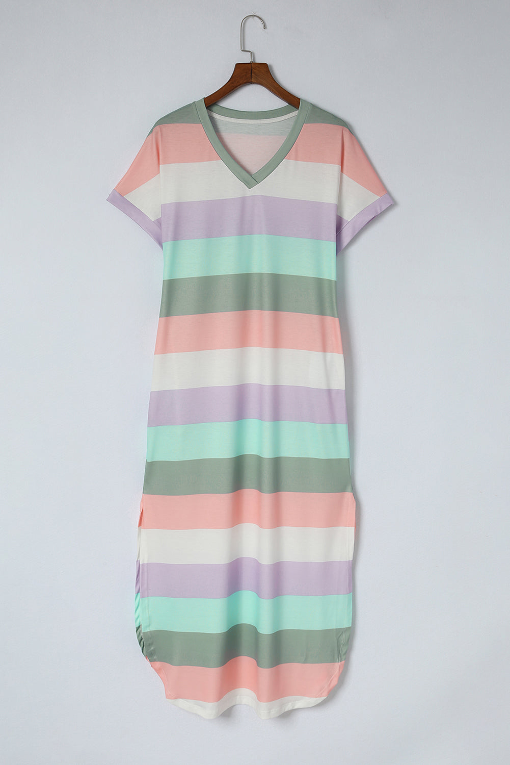 Multicolor Striped Side Split Pockets V Neck Maxi Shirt Dress