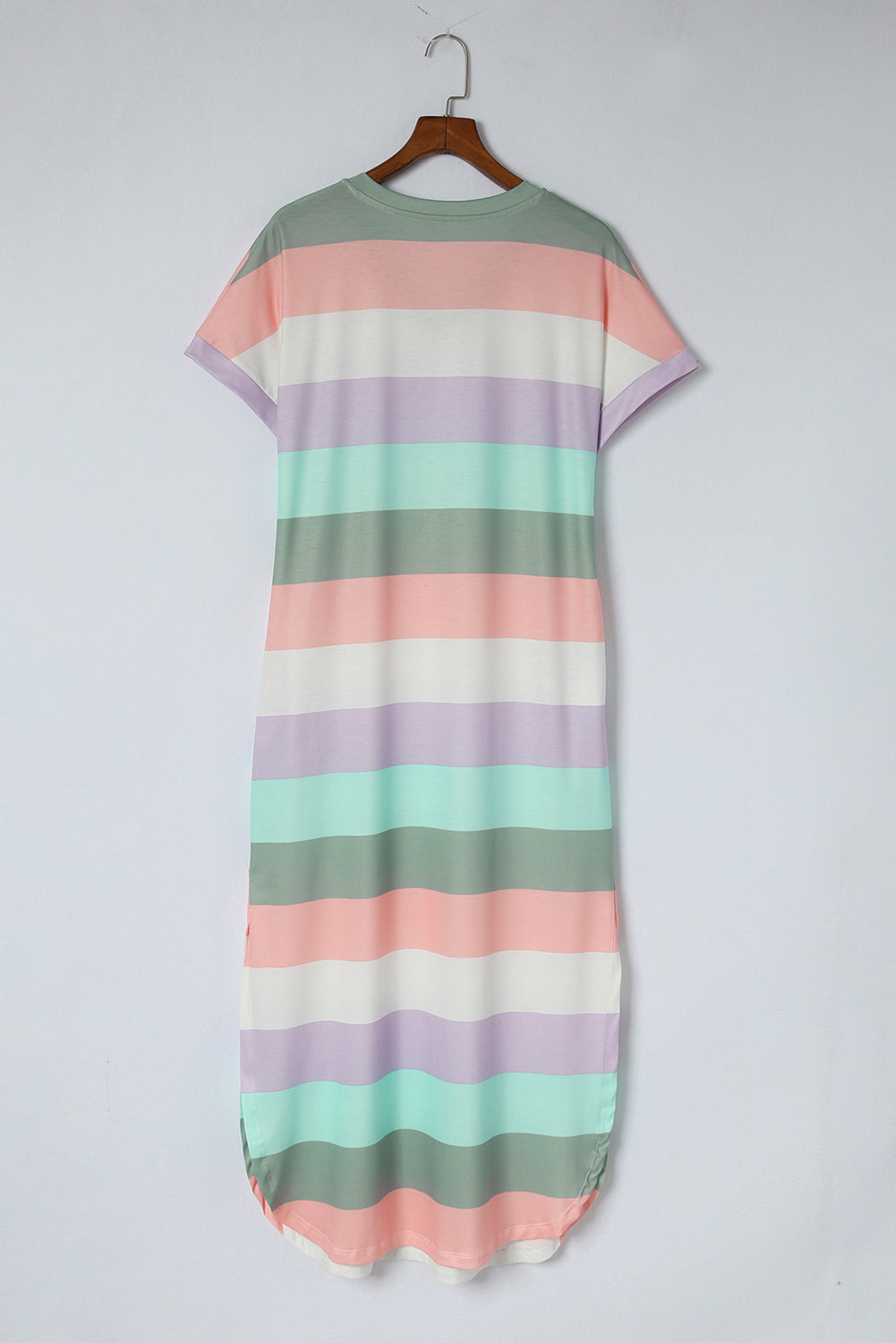 Multicolor Striped Side Split Pockets V Neck Maxi Shirt Dress