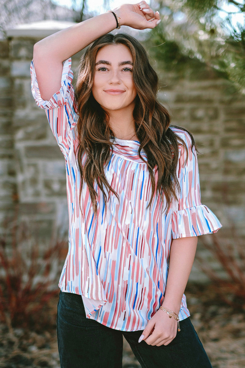 White Abstract Print Ruffle Half Sleeve Blouse