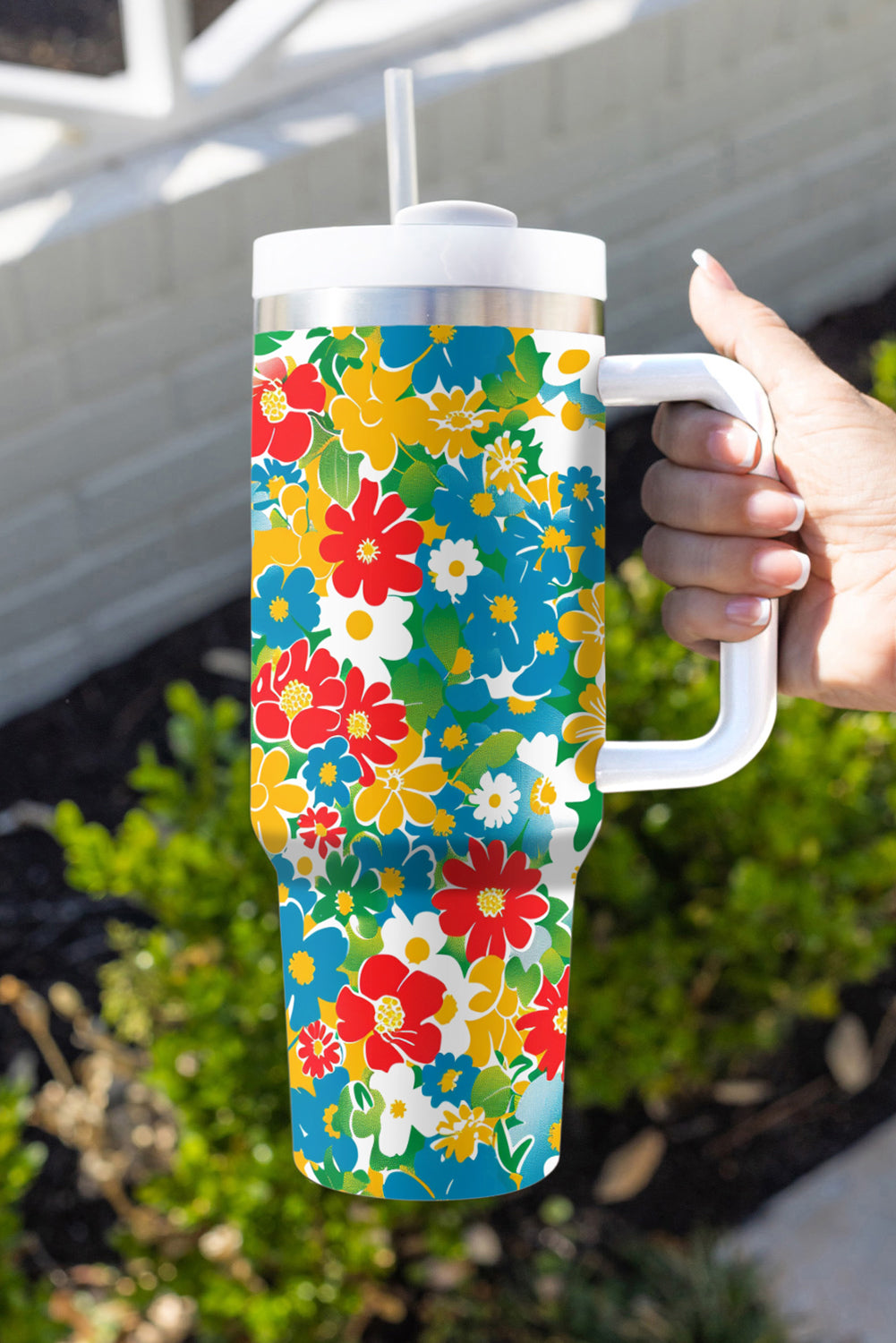 Blue Floral Print Stainless Vacuum Cup with Handle 40oz