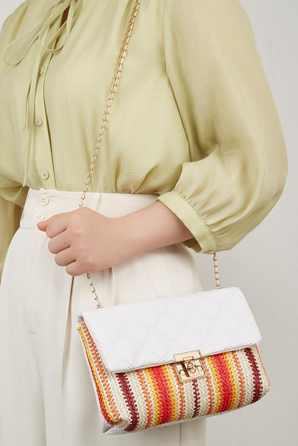 White Quilted Flap Printed Knit Chain Single Shoulder Bag