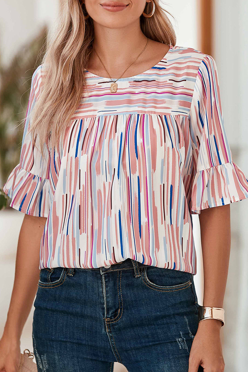 White Abstract Print Ruffle Half Sleeve Blouse