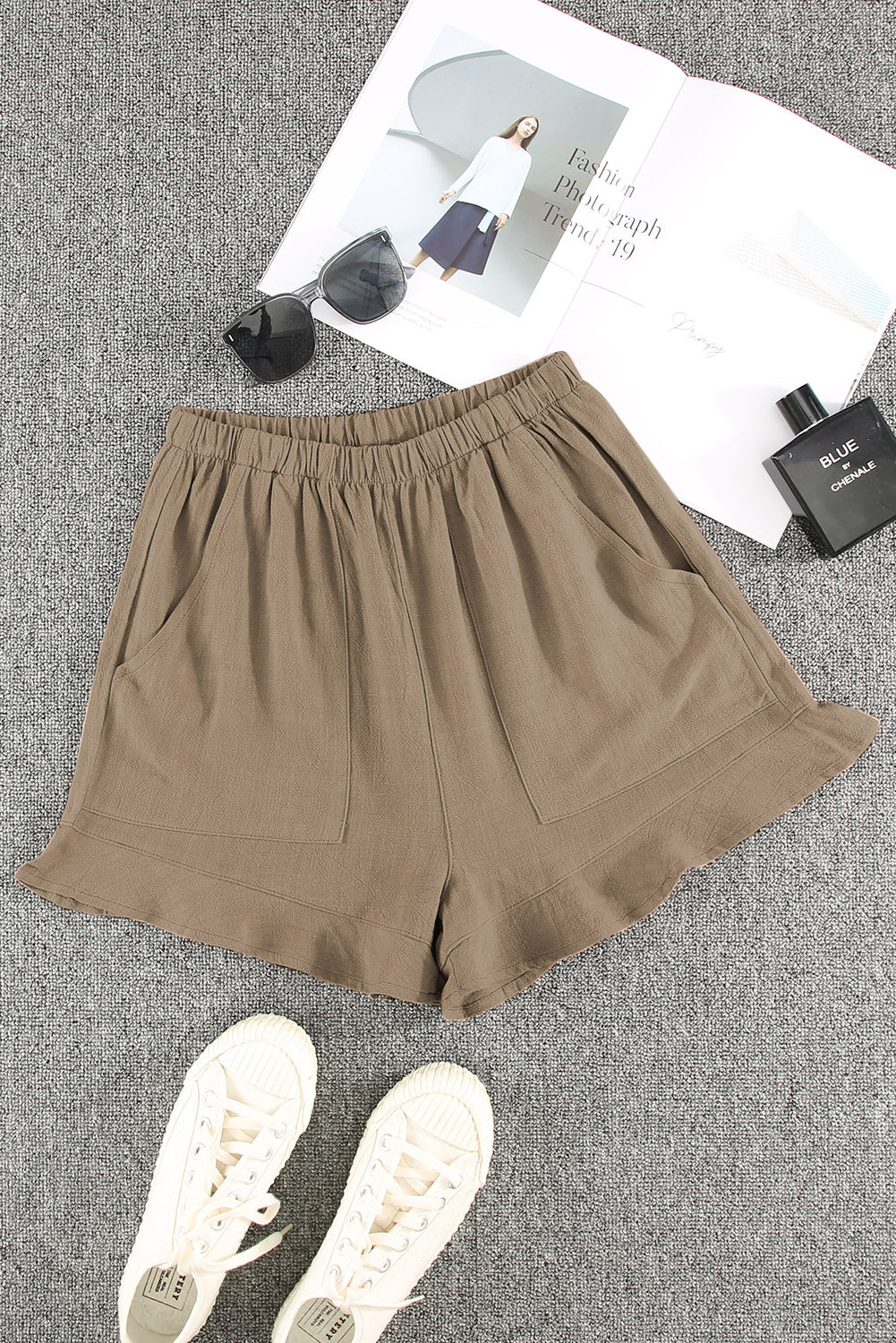 Khaki Casual Pocketed Ruffle High Waist Shorts