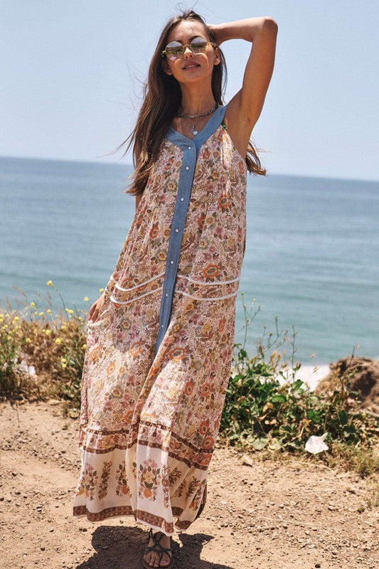 Floral Border Printed V-Neck Sleeveless Maxi Dress