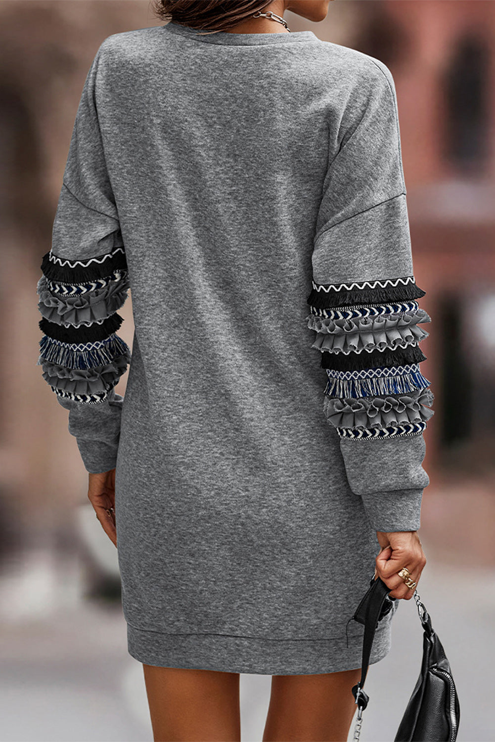 Dark Grey Ruffle Patchwork Sleeve Sweatshirt Dress