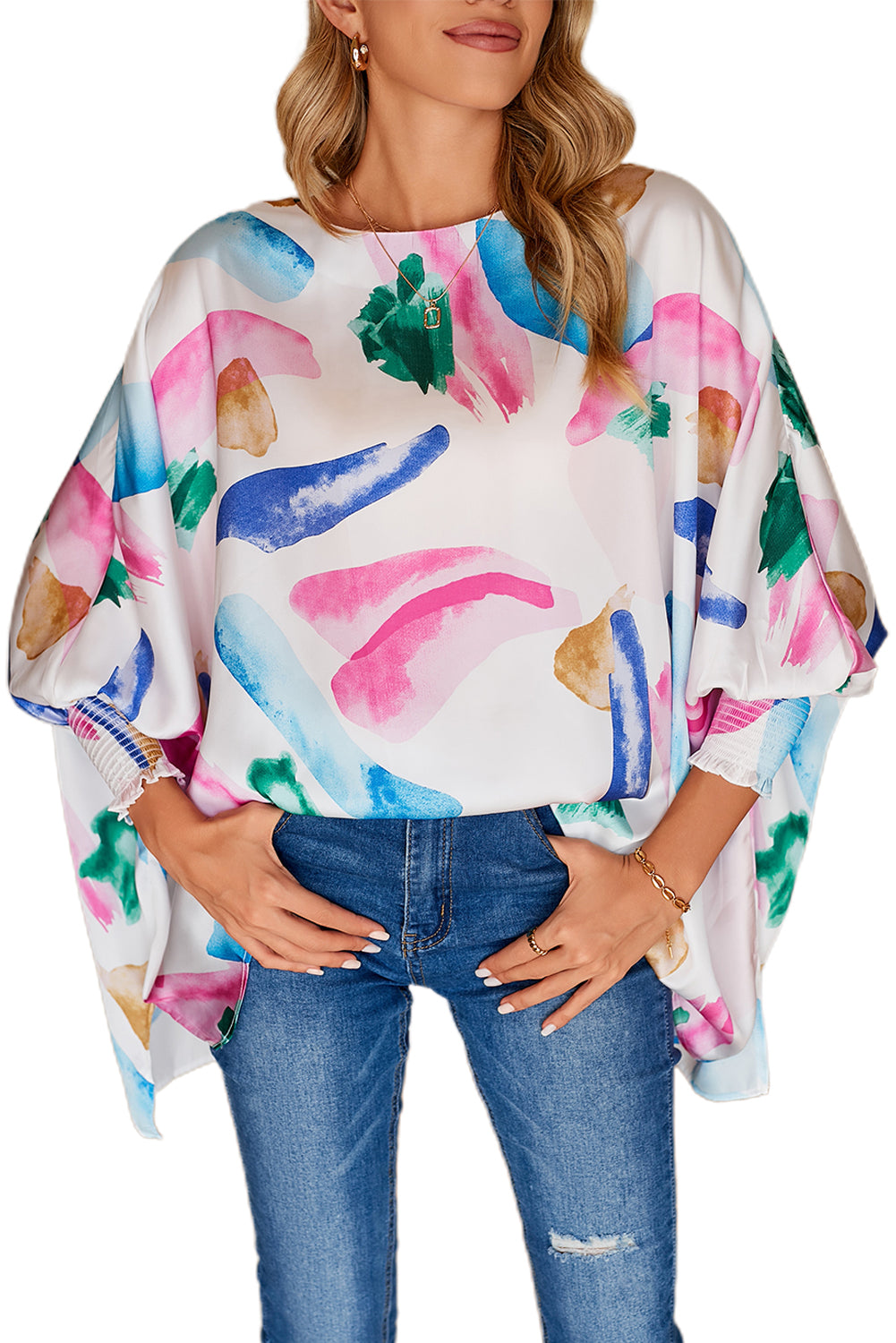 Multicolor Abstract Print Shirred Dolman Sleeve Oversized Blouse