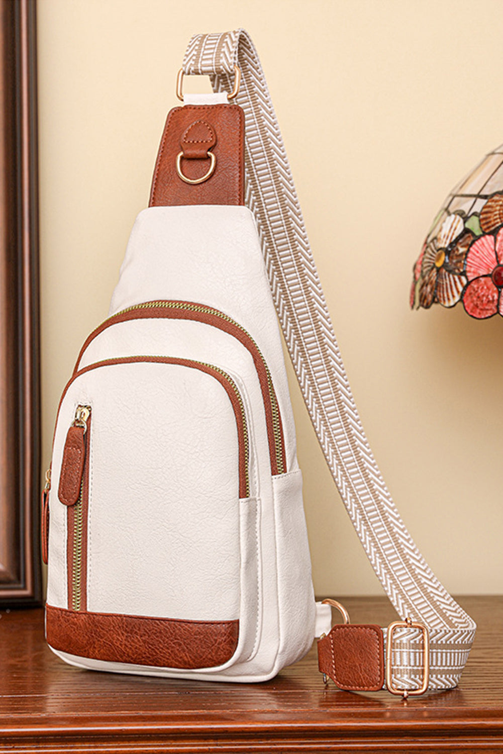 Beige Vintage PU Leather Zipped Crossbody Bag