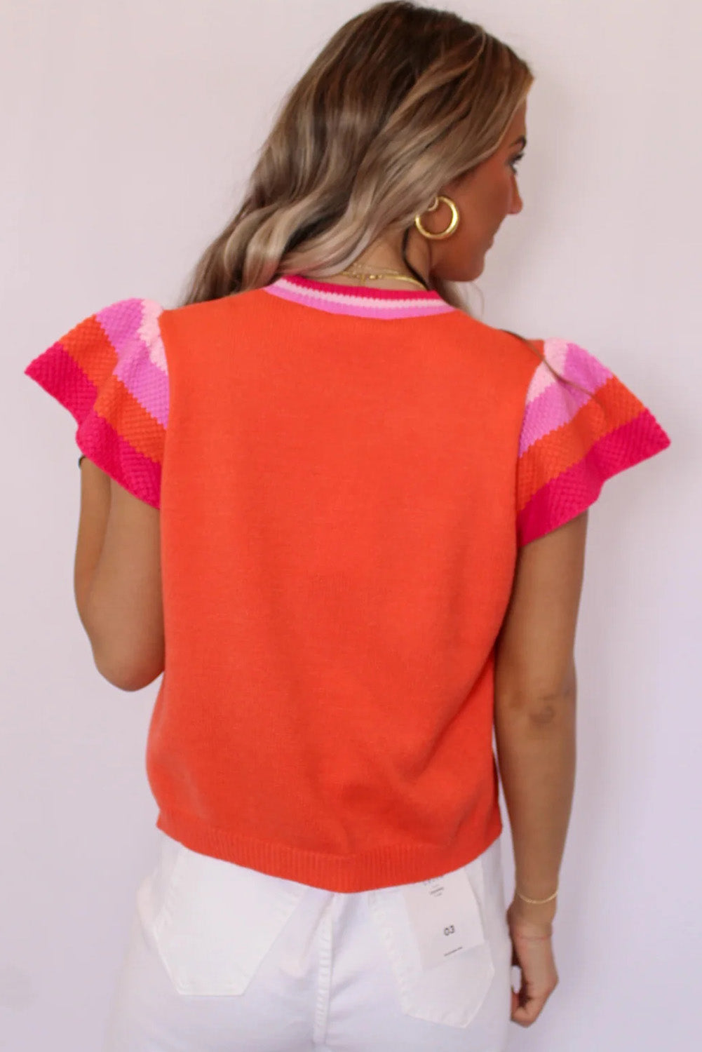 Carrot Contrast Color Striped Sleeve Knitted Tee