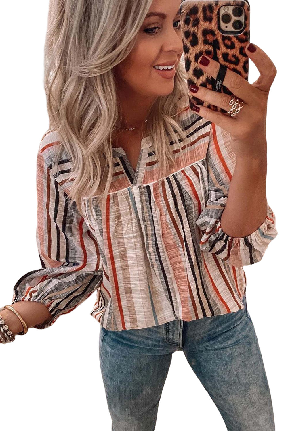 Multicolor Striped V Neck 3/4 Sleeve Blouse