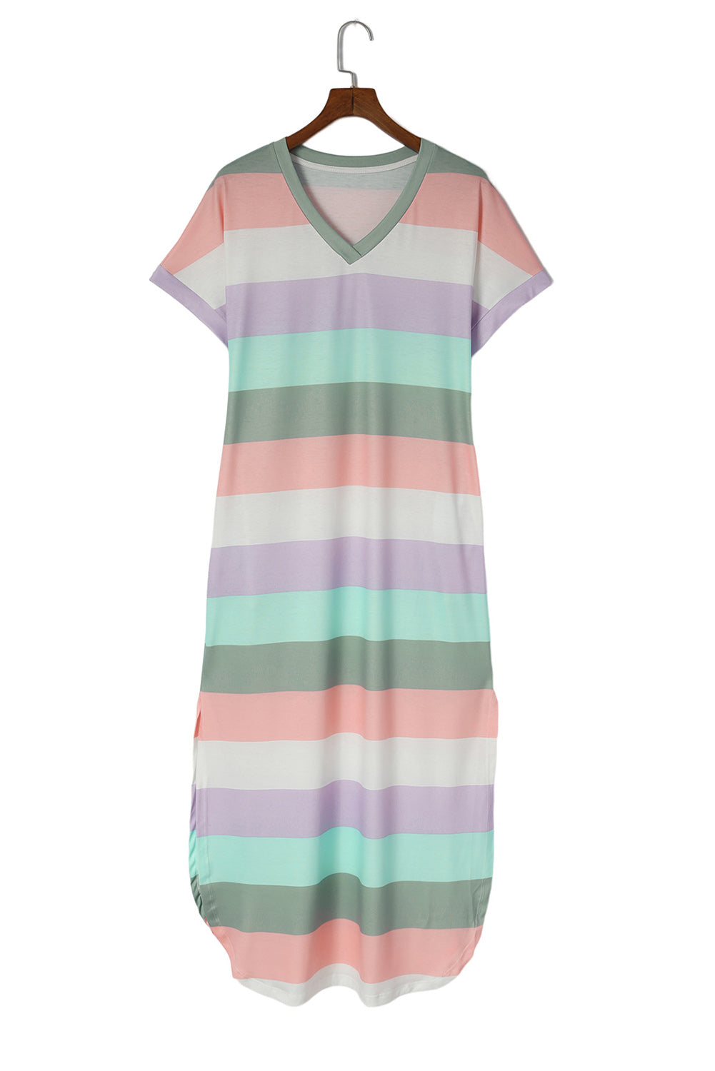 Multicolor Striped Side Split Pockets V Neck Maxi Shirt Dress