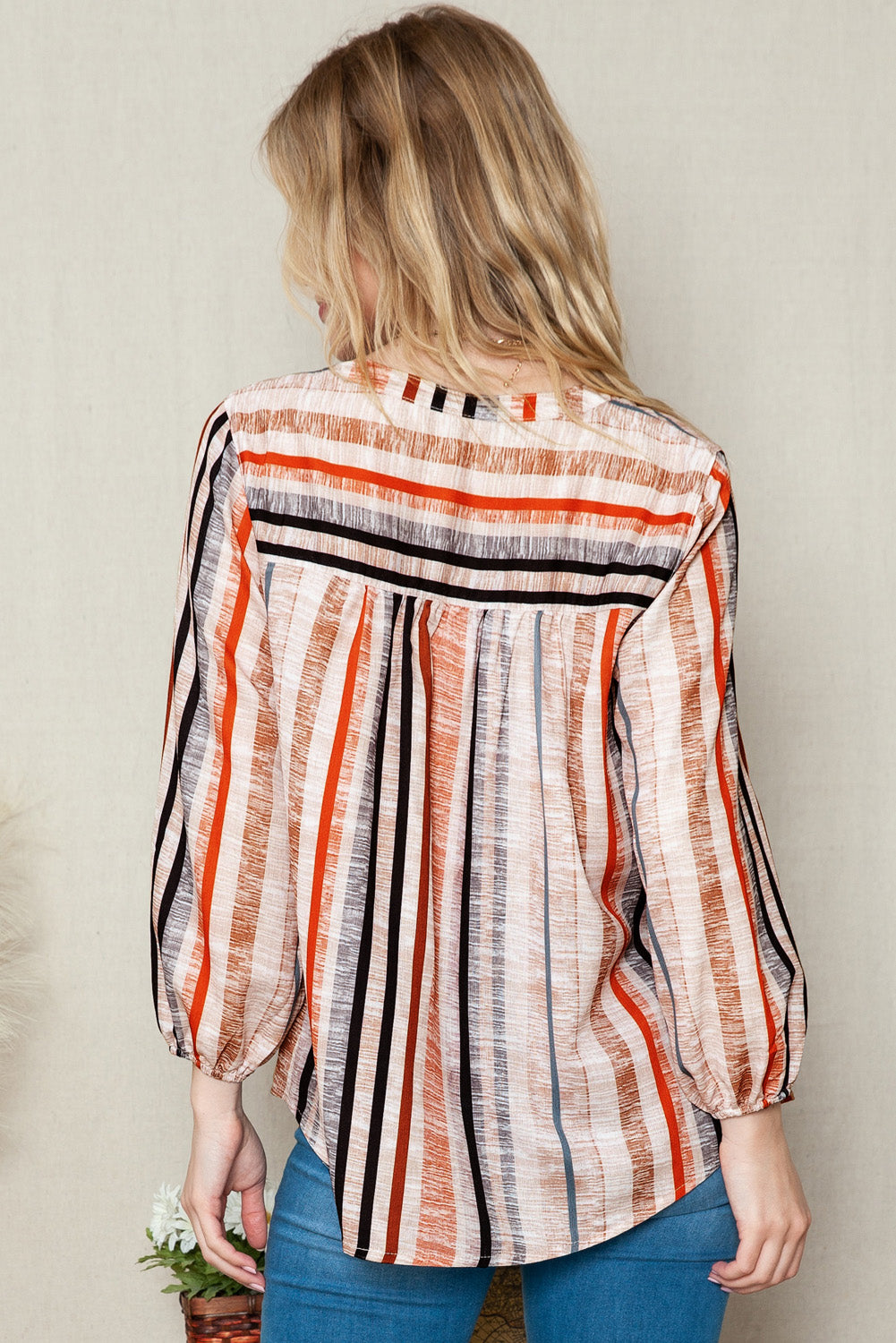 Multicolor Striped V Neck 3/4 Sleeve Blouse