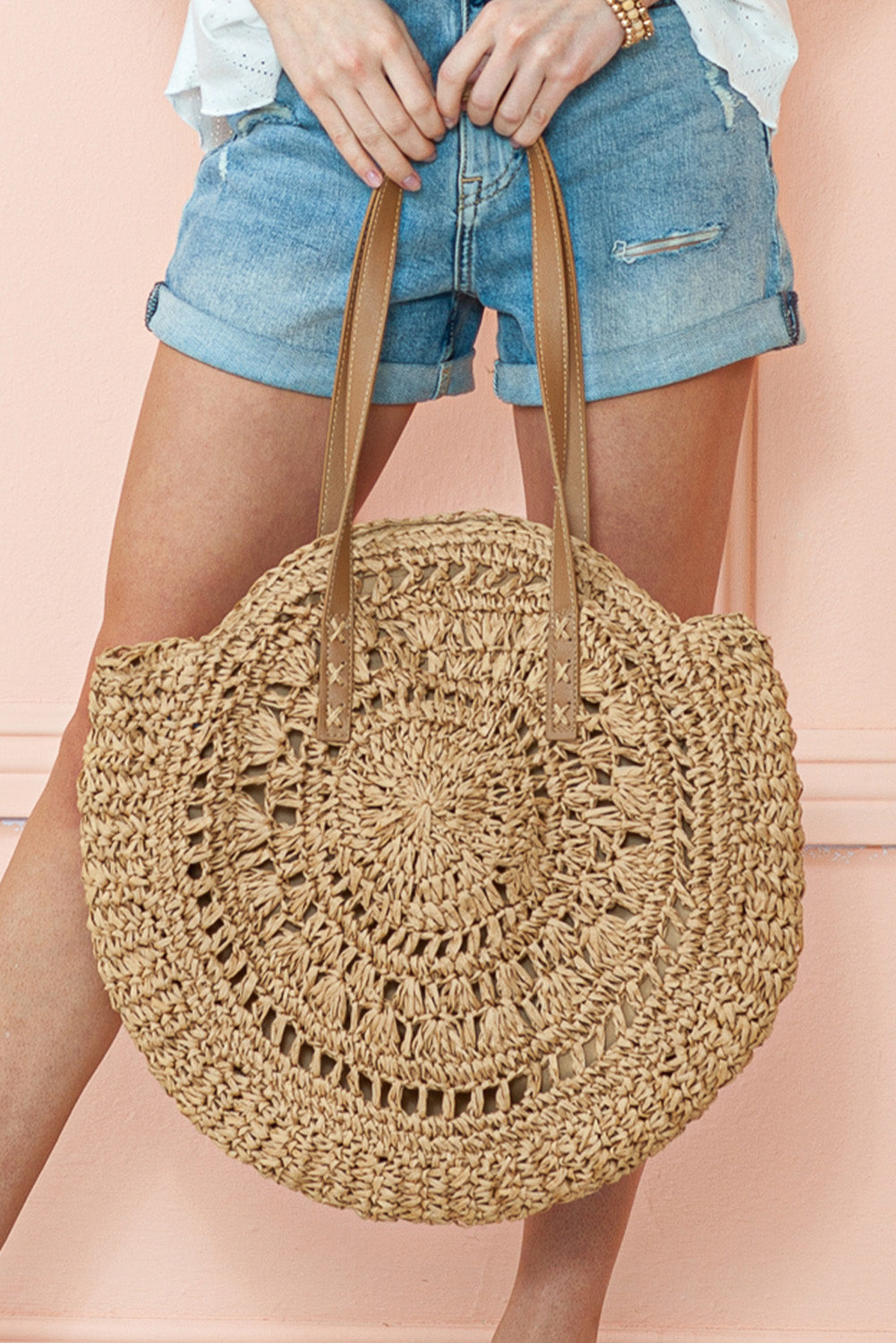 Camel Bohemian Straw Woven Round One Shoulder Bag