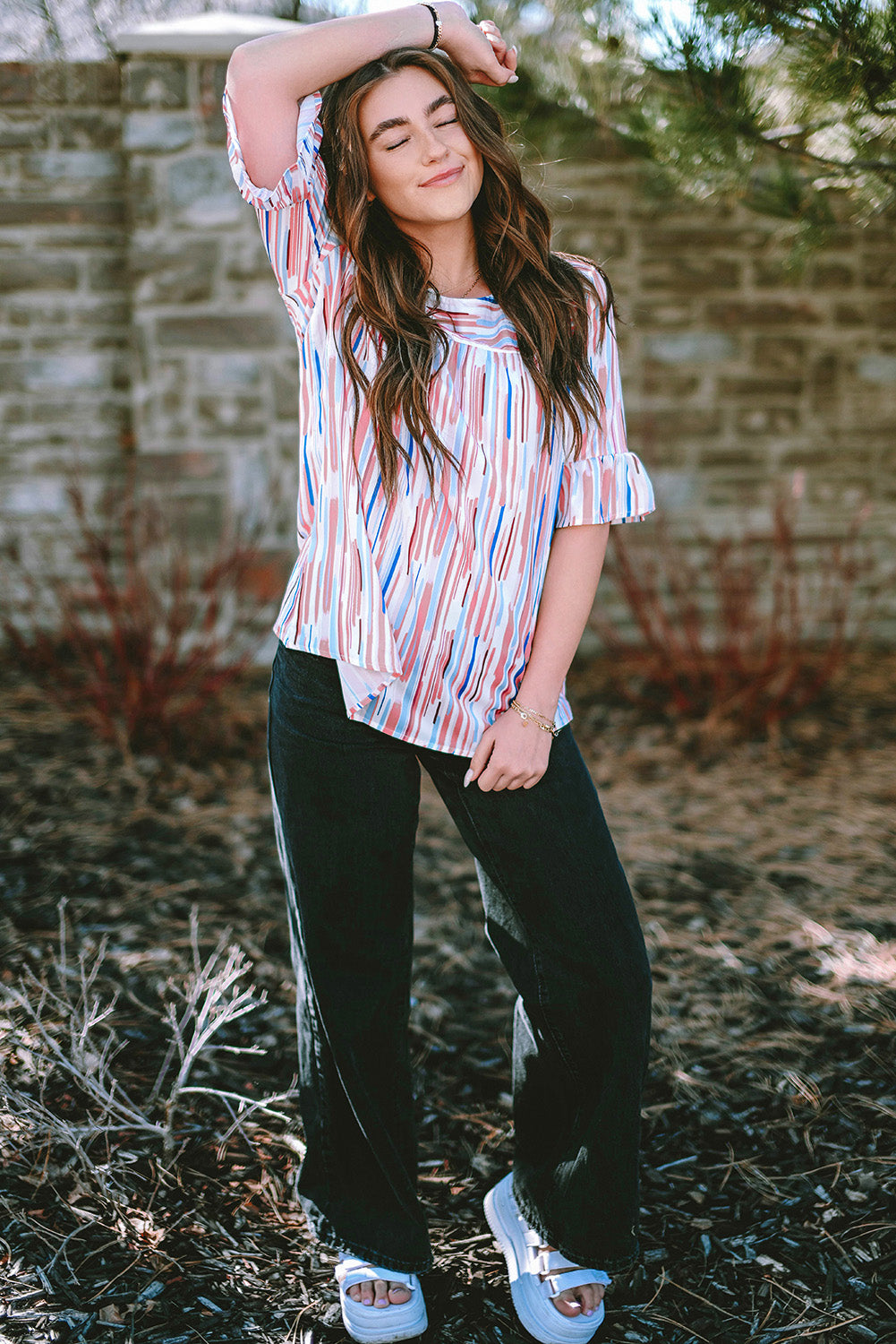 White Abstract Print Ruffle Half Sleeve Blouse