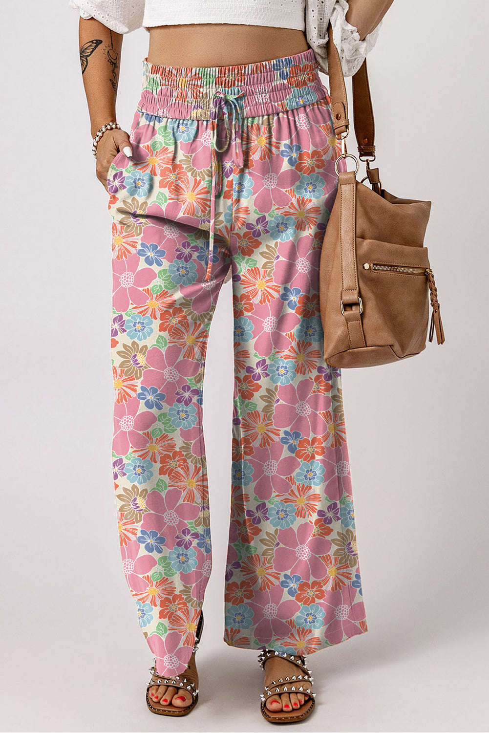 Green Floral Print Smocked Waist Loose Pants