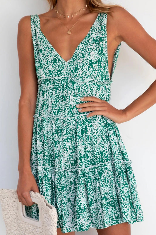 Evergreen Sleeveless Leaf Print V Neck Backless A Line Short Dress