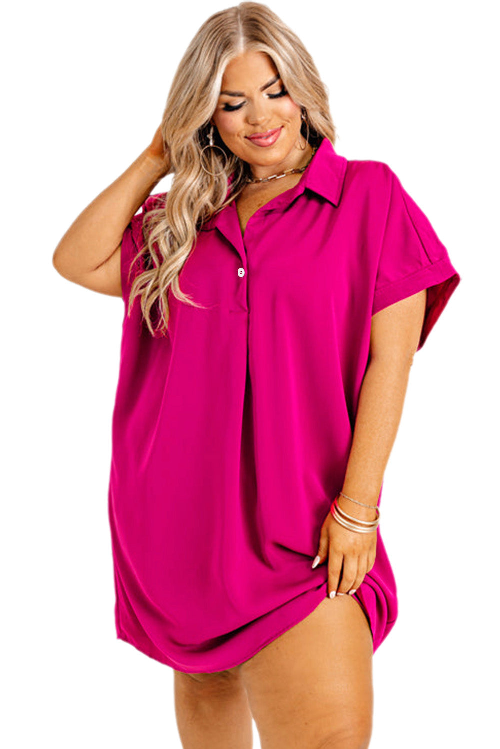 Bright Pink Collared V Neck Short Sleeve Plus Size Dress